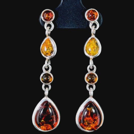 Lovely Silver & Pear Amber Drop Stud Earrings