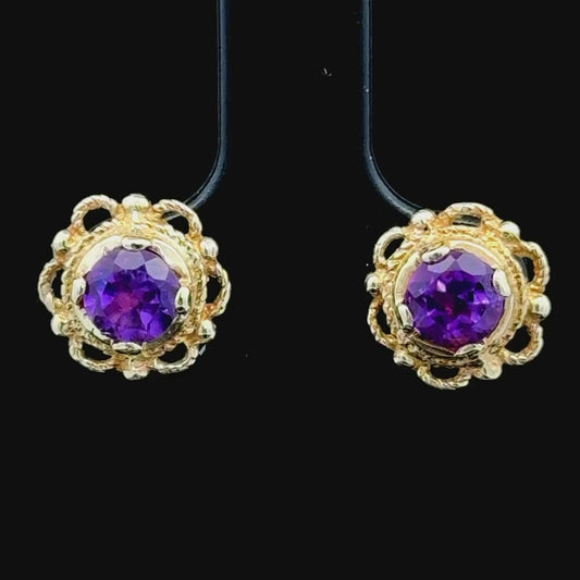 9k Yellow Gold Amethyst Studs in a Fancy Mount