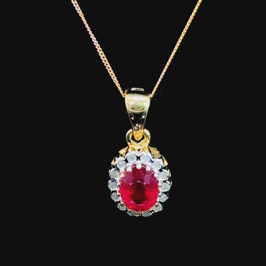 9K Yellow Gold Ruby & Diamond Pendant & Chain