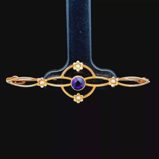 15K Yellow Gold Amethyst & Pearl Brooch