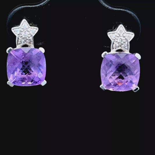 18k White Gold Amethyst & Diamond Star Studs