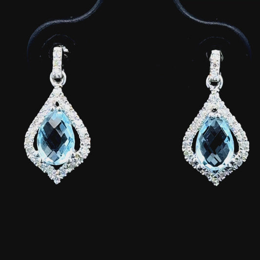 9K White Gold Aquamarine & Diamond Drop Studs