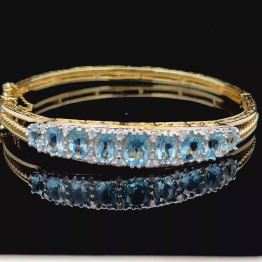 9K Yellow Gold Aquamarine & Diamond Bangle