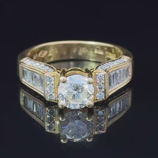 18K Yellow Gold Diamond Solitaire & Baguette Shoulders Engagement Ring
