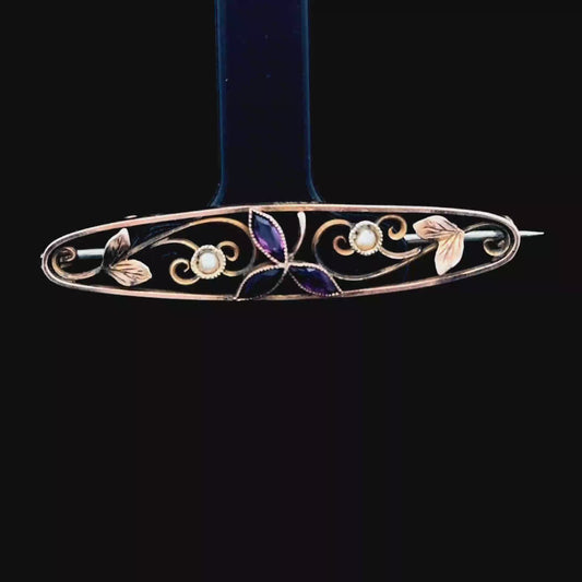 9K Amethyst & Pearl Brooch (Metal Pin)