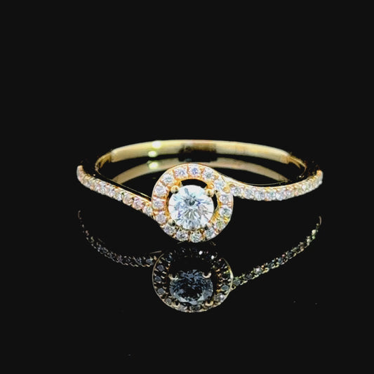 Pretty 18K Yellow Gold Diamond Halo Crossover Ring with Diamonds to Shoulders 0.28 CTS