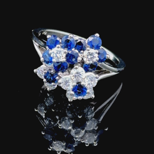Platinum Sapphire & Diamond Daisy Cluster Ring (4 Daisies)