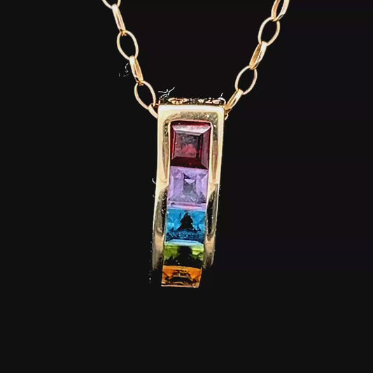 9k Yellow Gold Multi-Colour Gemstone Drop Pendant & Chain