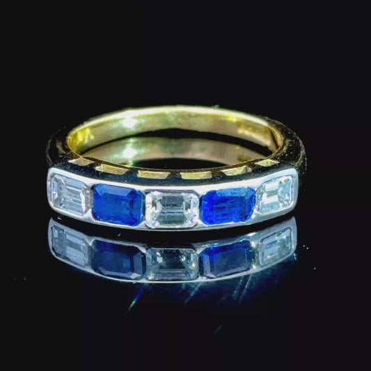 18K Yellow Gold / White Gold Baguette Sapphire & Diamond Band Ring