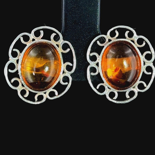Lovely Silver & Amber Oval Filigree Stud Earrings