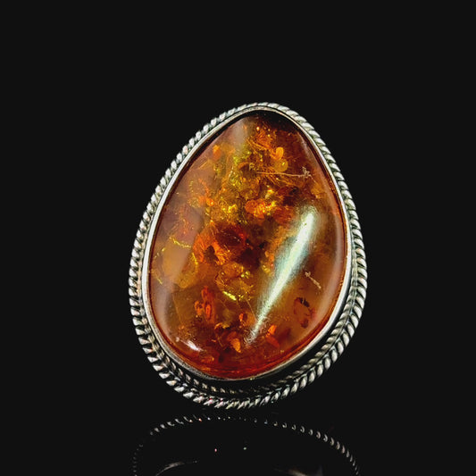 Silver Pear Shaped Baltic Amber Ring