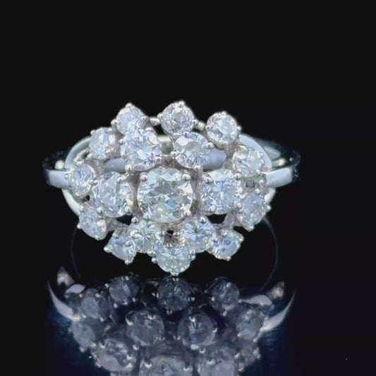 18K White Gold Diamond Cluster Ring APPX 2 CTS