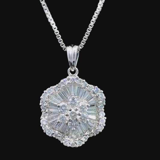 Gorgeous 18k White Gold Baguette & Round Cut Diamond Cluster Pendant With Box Chain Appx 1.2 Cts