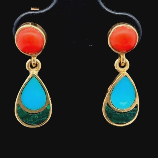 18k Yellow Gold Coral Turquoise & Malachite Drop Earrings