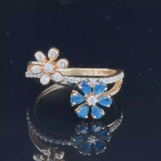 18K Yellow Gold Diamond & Sapphire Twin Daisy Ring