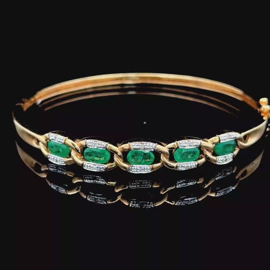 9K Yellow Gold 5 Emerald & Diamond Bangle
