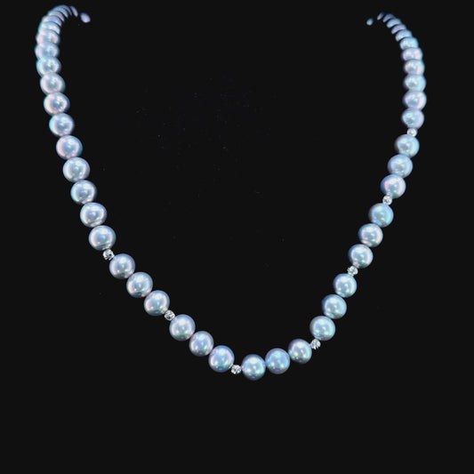 A Superb 9k White Gold Beaded Silver Pearl Necklace 18” Long