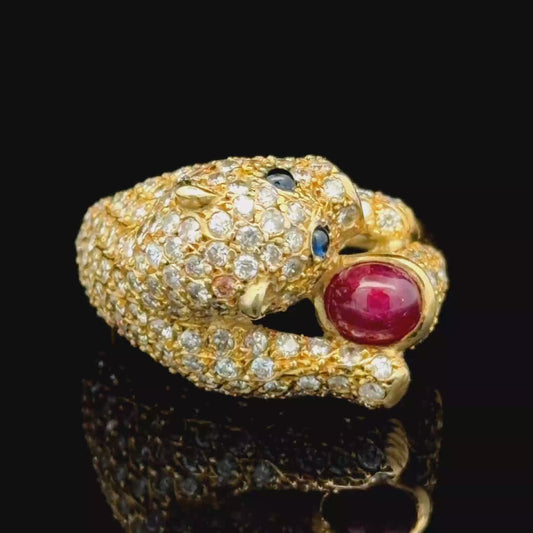 18K Yellow Gold Diamond Ruby & Sapphire Panther Ring APPX 1.2 CTS