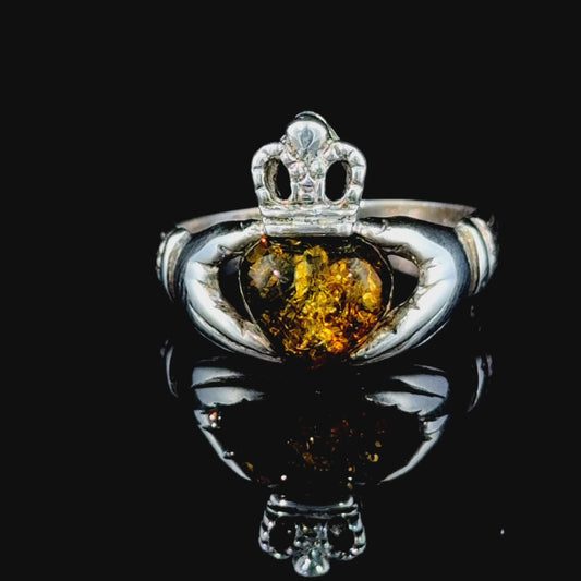 Silver Irish Claddagh Baltic Amber Heart Ring