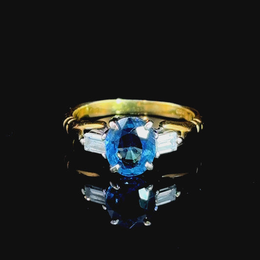 18K Yellow Gold & White Gold Sapphire & Baguette Diamond Trilogy Ring CERTIFIED S: 1.60 CTS D: 0.28 CTS