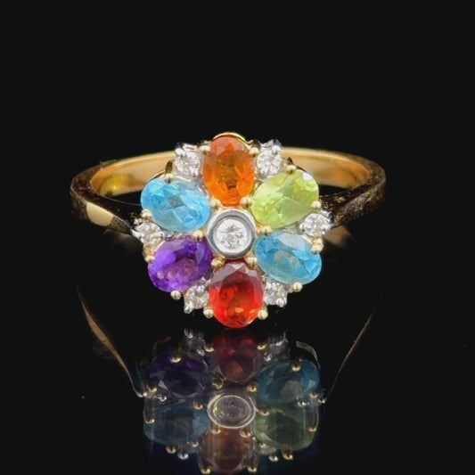 Lovely 18k Multicolour Gemstone & Diamond Flower Ring