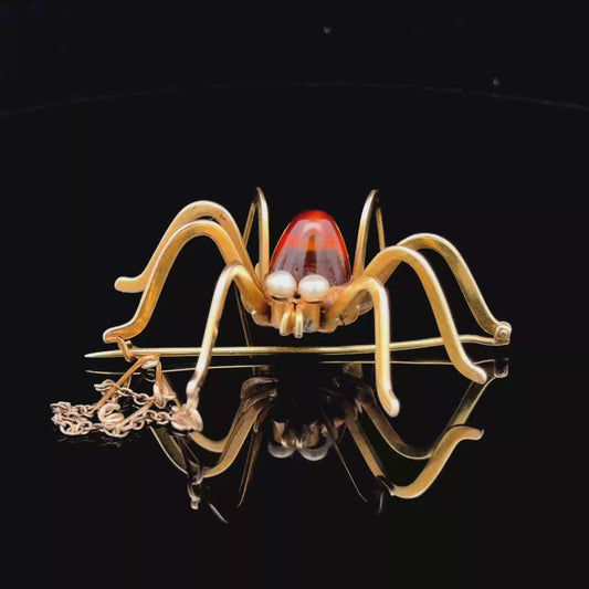 15K Yellow Gold Smokey Quartz & Pearl Large Spider Brooch