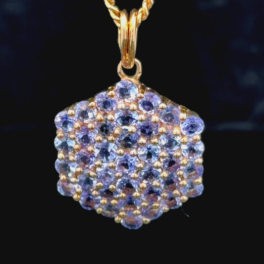 9k Yellow Gold Tanzanite Hexagonal Cluster Pendant Necklace