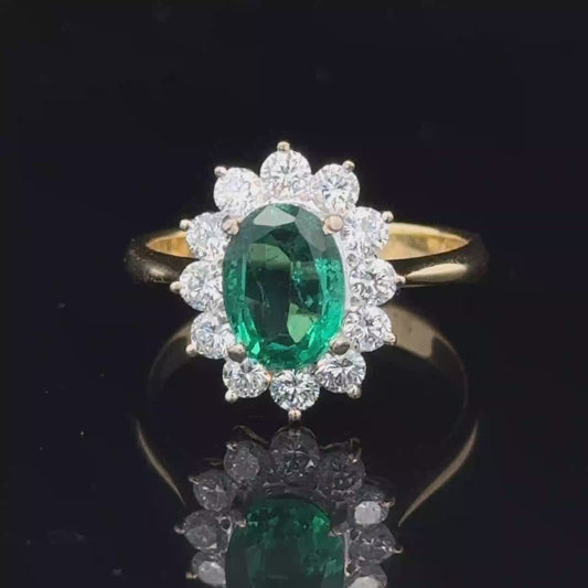 18K Yellow Gold Emerald & Diamond Cluster APPX E:1.05 CTS D:0.85 CTS