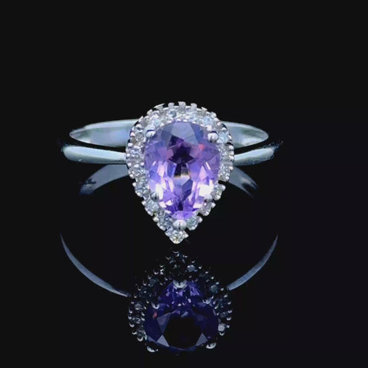 9K White Gold Amethyst Pear & Diamond Halo Ring