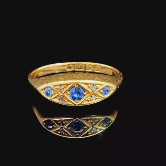 18K Yellow Gold Antique Diamond & Sapphire Gypsy Ring