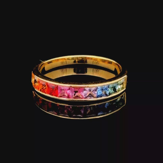14K Yellow Gold Channel Set Rainbow Sapphire Ring