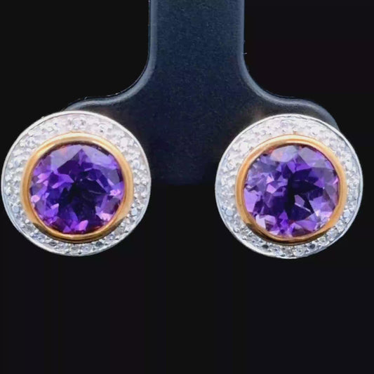 9K Yellow Gold Amethyst & Diamond Studs