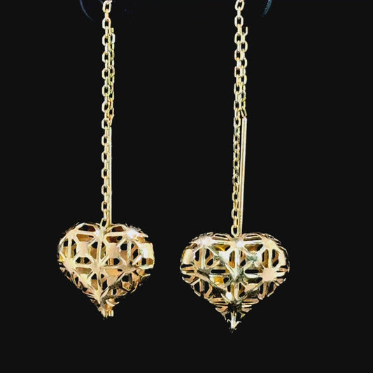 9K Yellow Gold Heart Drop Chain Earrings
