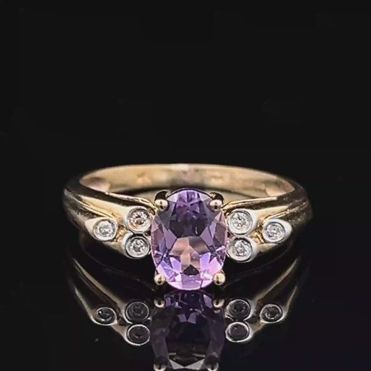 9K Yellow Gold Oval Amethyst & Diamond Ring