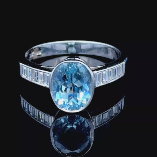 18K White Gold Baguette Diamond & Aqua Ring