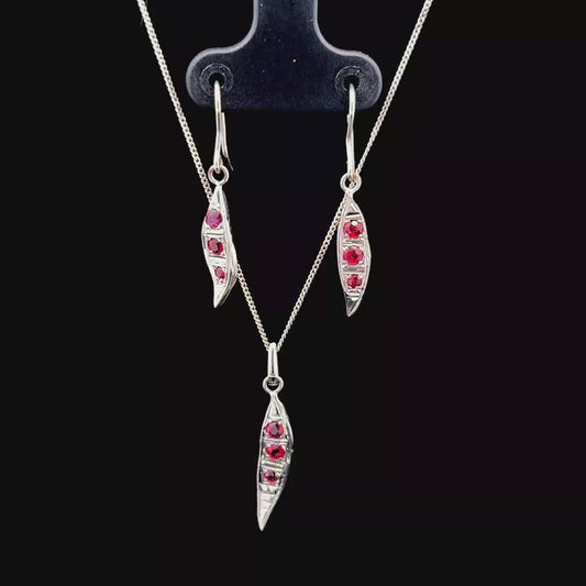 18K White Gold Ruby Leaf Style Pendant & Earring Set with 9K White Gold Chain