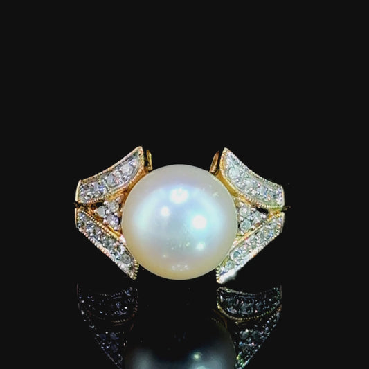 14K Yellow Gold Pearl & Diamond Ring
