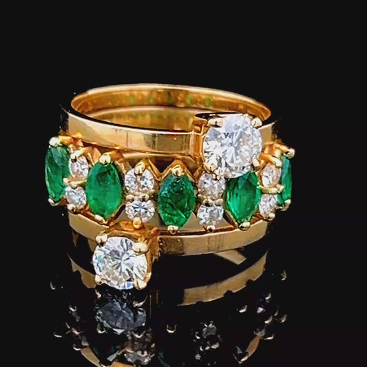 18K Yellow Gold Diamond & Emerald 3 Row Ring APPX 1.5 CTS