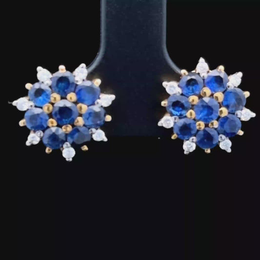 18K Yellow Gold Sapphire & Diamond Stud Earrings