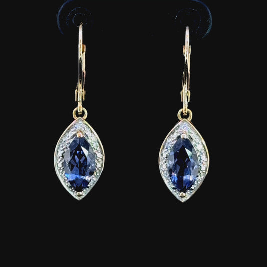 9K Yellow Gold Tanzanite & Diamond Drop Earrings with Hook Catch