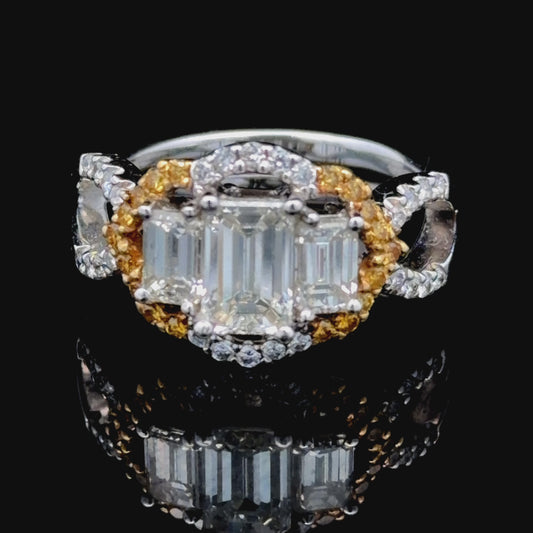 18k Yellow & White Gold Emerald Cut Diamond Trilogy Halo With A Diamond Set Twisted Shank 1.84 Cts Total