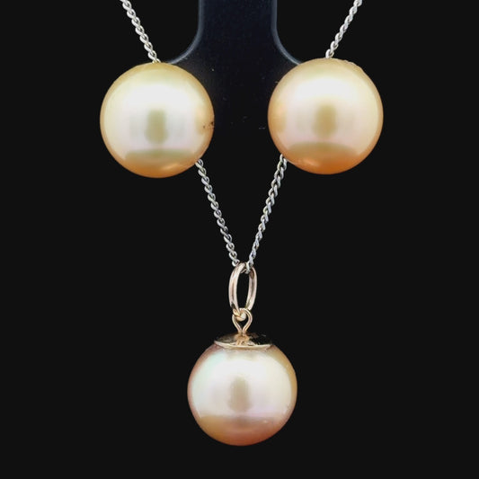 9k yellow Gold Golden Pearl Earrings & Pendant Set (No Chain)
