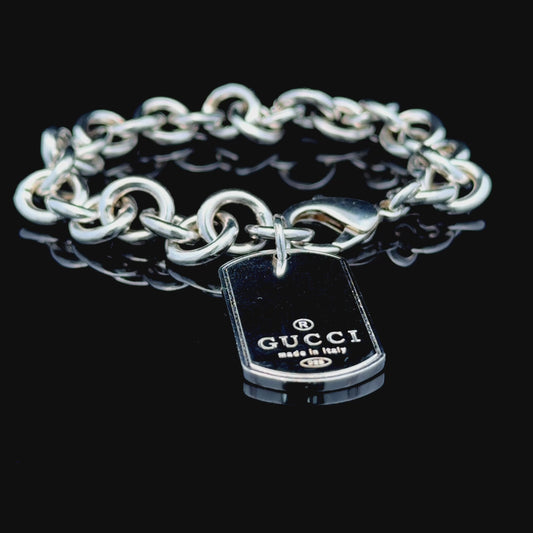 Silver Gucci Dog Tag Belcher Bracelet