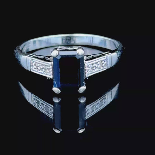 18K White Gold Emerald Cut Sapphire & Diamond Ring