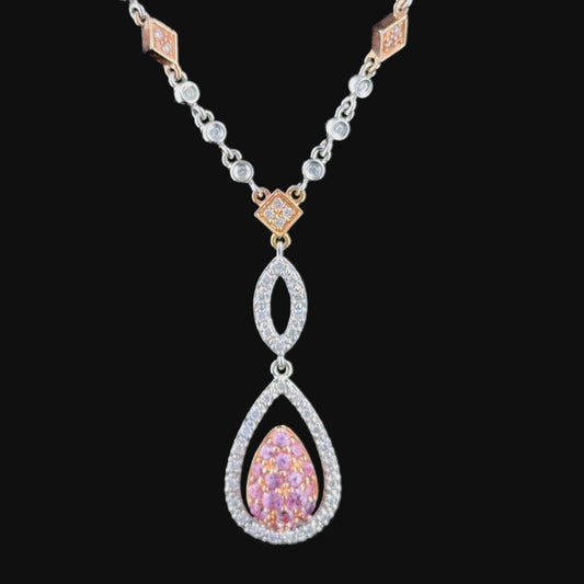 Sweet 14 k White & Rose Gold Diamond & Pink Sapphire Drop Pendant & Heart Earring Suite