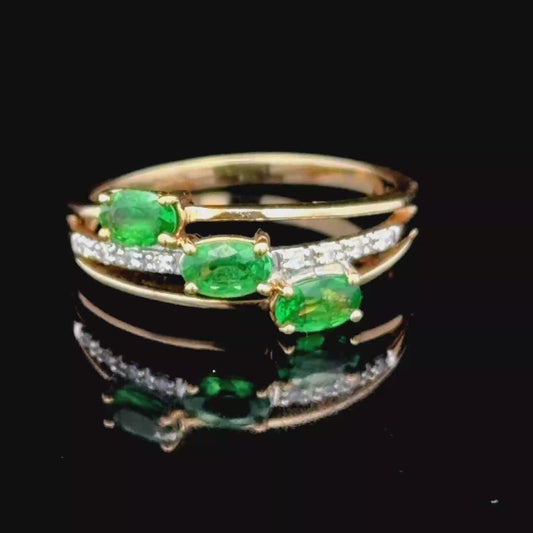 9K Yellow Gold 3 Stone Emerald & Diamond Ring
