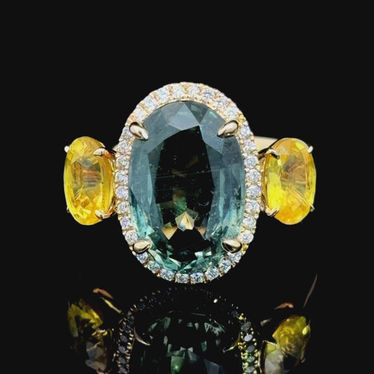 14k Yellow Gold – Striking 6.60ct Green Sapphire Trilogy Ring with 1.0 Cts Of Yellow Sapphires & Diamond Halo RRP £8k