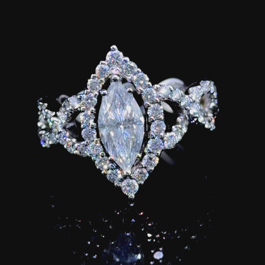 18k White Gold Marquise Diamond Halo Ring With Twisted Shank. 1.01 Cts D VS1