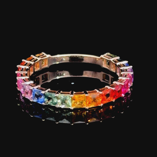 Very Pretty 14k Rose Gold Princess Cut Rainbow Sapphire Full Eternity Ring With Sizing Bar Appx 2.0 Cts Of Sapphires.