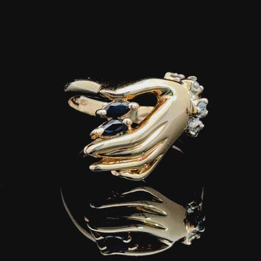 Fabulous 9K Yellow Gold Sapphire & Diamond Stylised Hand Ring